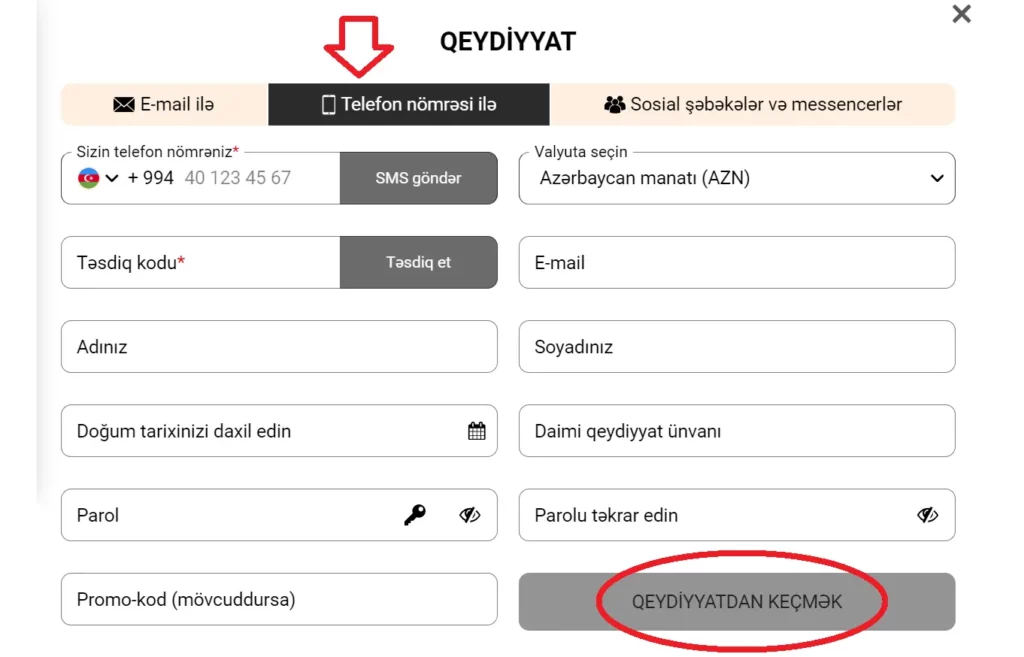 Yohoho.Bet (Qizilbilet) saytında Qeydiyyat Metodları